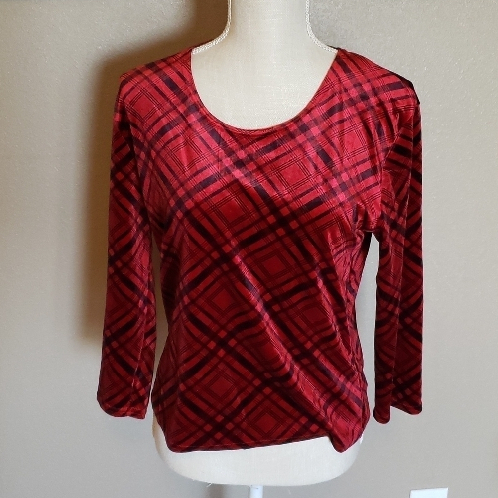 Kathie Lee velvet/velour checkered plaid 3/4 quarter sleeves sweater